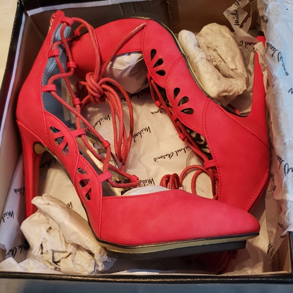Michael Antonio NEW Heel Lace Up Gladiator Strappy Stiletto Pumps Sexy RED Women - Picture 6 of 12